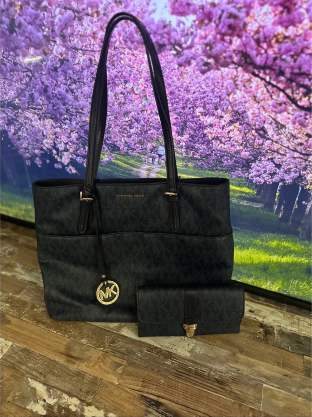 Michael Kors Black Signature Shoulder Tote with Matching Wallet Set